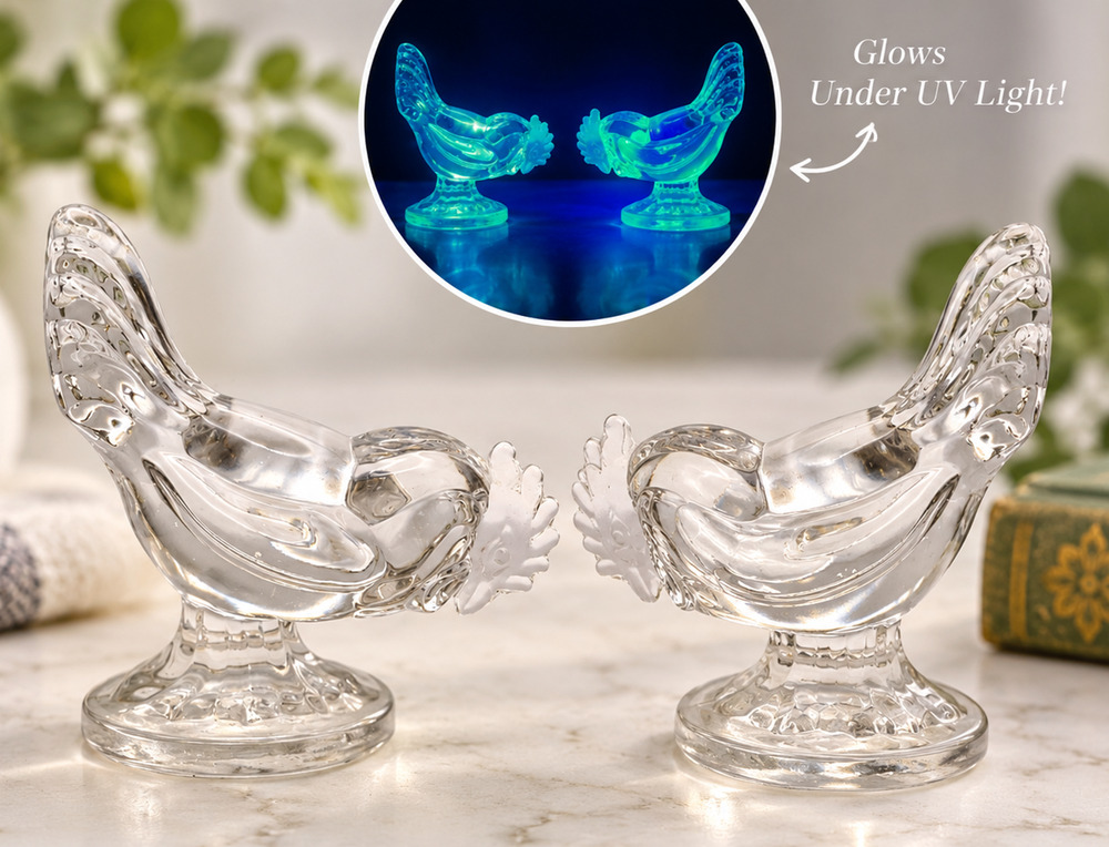 Vintage Pair Of New Martinsville Viking #669 Clear Glass Hens c1945 Manganese UV